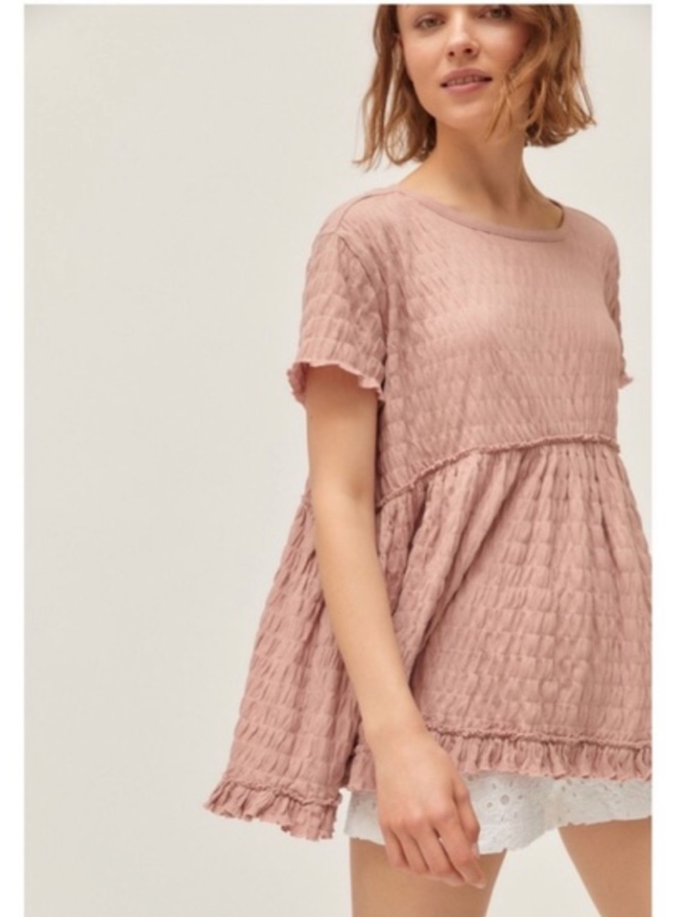 Urban Outfitters Rose Mauve Textured Tiered Short Sleeve flowy oversized top